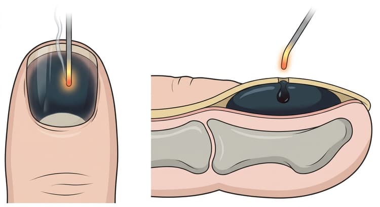 Fingertopp med mörkt subungualt hematom och en kauterspets över nagelns mitt, samt genomskÀrning som visar hÄlet genom nagelplattan och blodet som tömmer sig