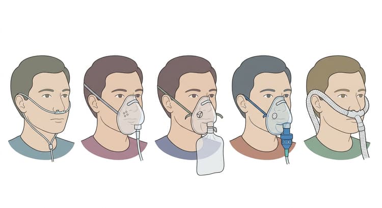 Fem portrÀtt i rad av samma patient med olika syrgassystem: nÀsgrimma, enkel ansiktsmask, mask med reservoarblÄsa, venturimask med ventilbarrel och högflödesgrimma med grov slang