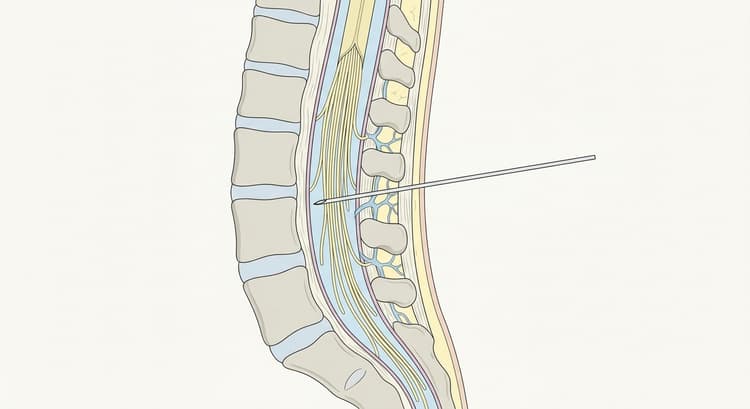 Sagittalsnitt genom lÀndryggen med spinalnÄlen införd mellan tvÄ spinalutskott och spetsen i likvorrummet bland cauda equinas rötter